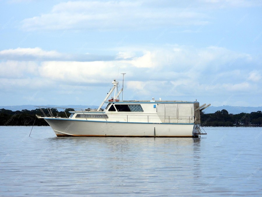 Large 40-foot boat being loaded onto a trailer