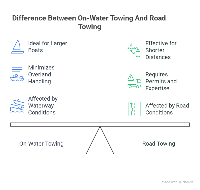 Image showing the difference between on-water towing and road towing when learning about how much does boat towing cost.