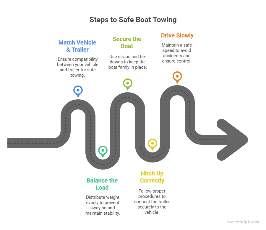 This image discusses the 5 major steps involved in towing a boat.