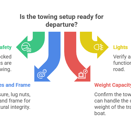 An infographic showing the four pre-departure checks for safe towing, which is important for understanding how to transport a pedal boat