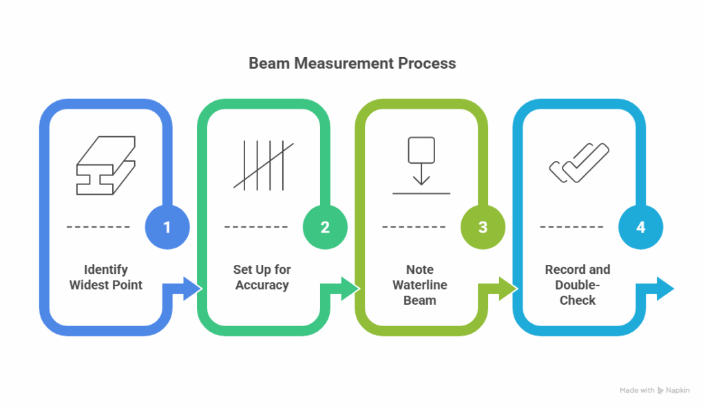 This image explains the 4-step process of how to measure the beam of a boat accurately.
