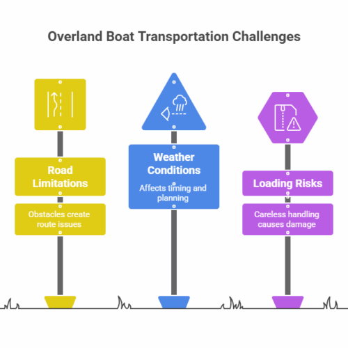 16 An infographic illustrating five overland boat transportation challenges: size and weight, road limitations, weather conditions, loading risks, and insurance liability.