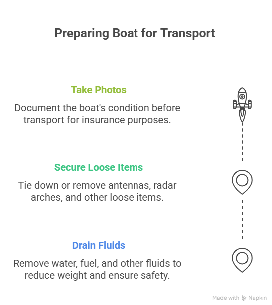 A checklist showing the three necessary steps on how to transport a houseboat. It includes securing, draining, and documenting everything.