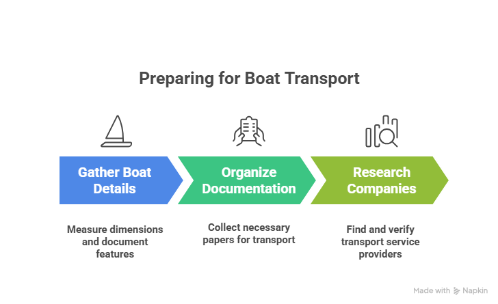 This image explains the three-step process to follow when looking for a boat transport service.