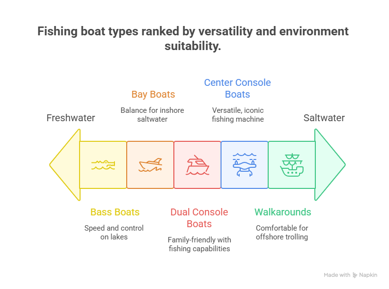 A diagram showing five types of best fishing boats: Bass, Bay, Dual Console, Center Console, and Walkaround.