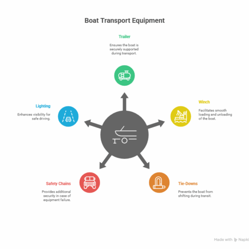 6 An infographic showing 'How to move a boat' by highlighting five key pieces of transport equipment: trailer, winch, tie-downs, safety chains, and lighting.